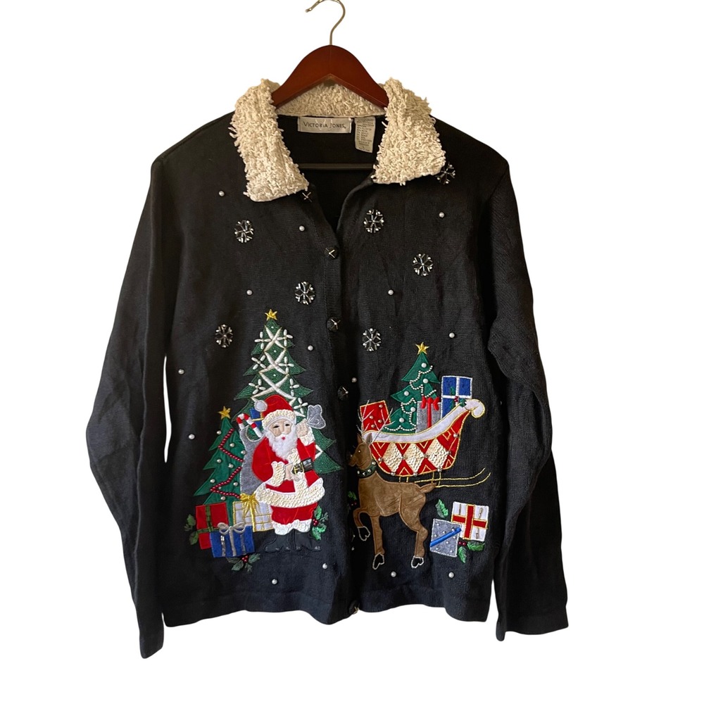 Vintage Black Christmas Santa Reindeer Sweater Cardigan Embellished Womens L